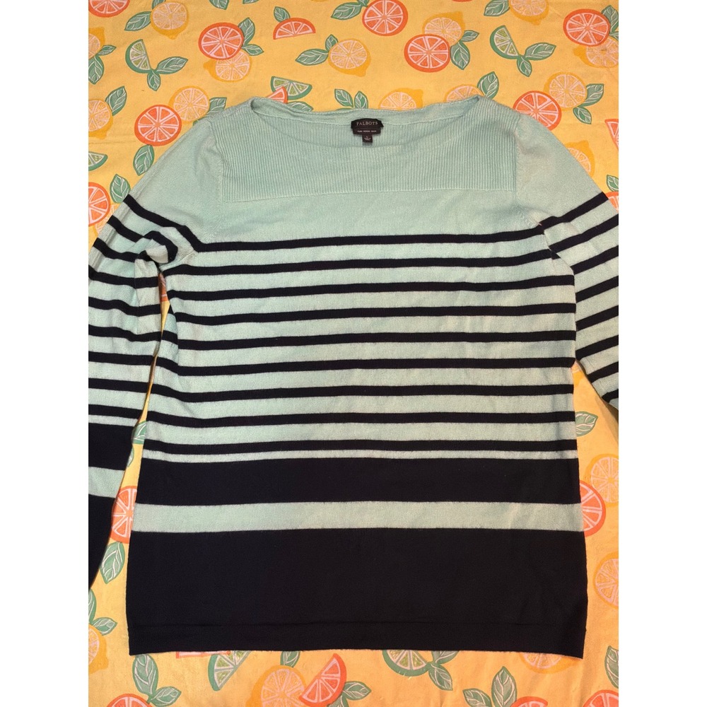 Talbots Striped Sweater Womens Large Mint Green Navy Blue Merino Wool Boat Neck